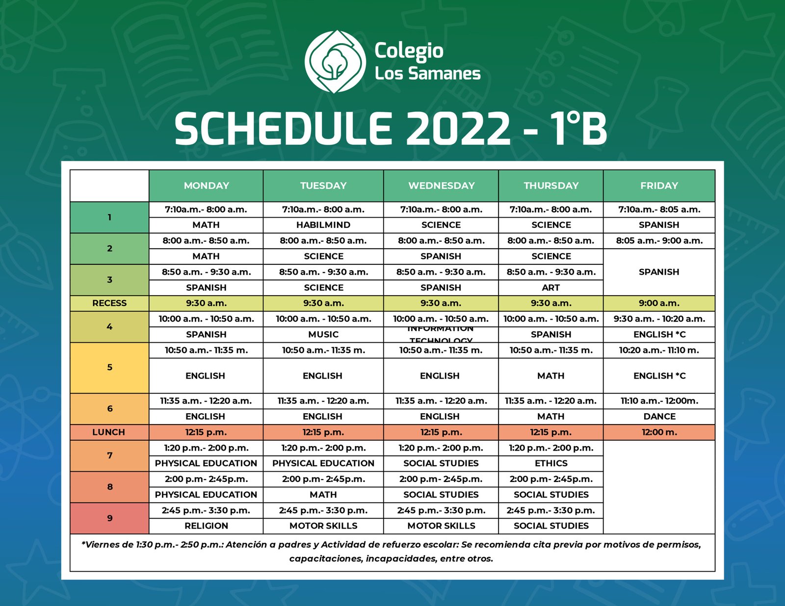 Horario Escolar - Colegio Los Samanes